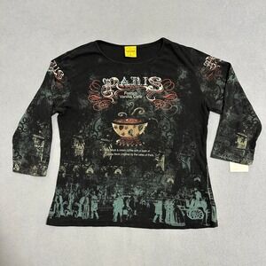 Katina Marie Paris French Vanilla Cafe Graphic Top Y2K Black Teal Womens Size M